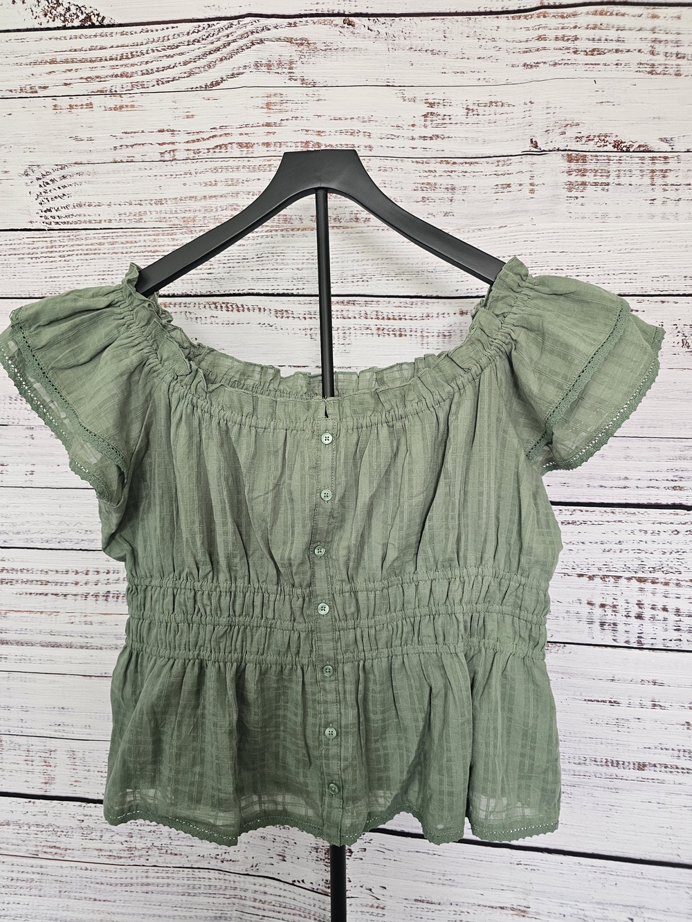 Francesca's Sage Green Off-Shoulder Smocked Peasant Blouse